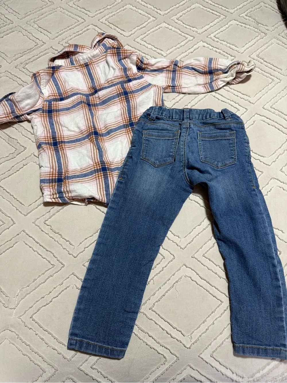 Toddler Plaid Button-Up Shirt and Denim Jeans Set - Cream, Blue, Rust